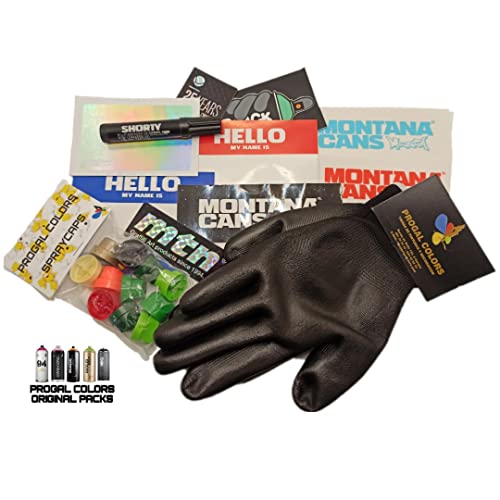 PROGAL COLORS Zubehör-Set (Handschuhe + 12 verschiedene Diffusoren + Montana Cans Shorty Marker 4 mm, Schwarz + verschiedene Aufkleber, einschließlich Hello und Eierschale) von PROGAL COLORS