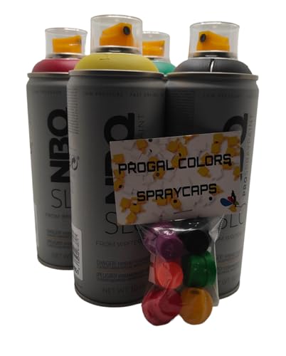 Sprühdosen NBQ PRO 4x400ml mit x 6 Ersatz Sprühkopf hochdeckendes PRO Farb Spray für Hobby-Handwerk-Kunst-Graffiti - schnell trocknend - hoch deckend mit weicher Ventilfeder von PROGAL COLORS