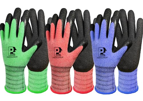 PROGANDA 3 Paar Gartenhandschuhe für Männer und Frauen, Grip Arbeitshandschuhe mit rutschfeste Crinkle Latex Beschichtung, Robuste Handschuhe für Garten Bau Auto Außenbereich von PROGANDA