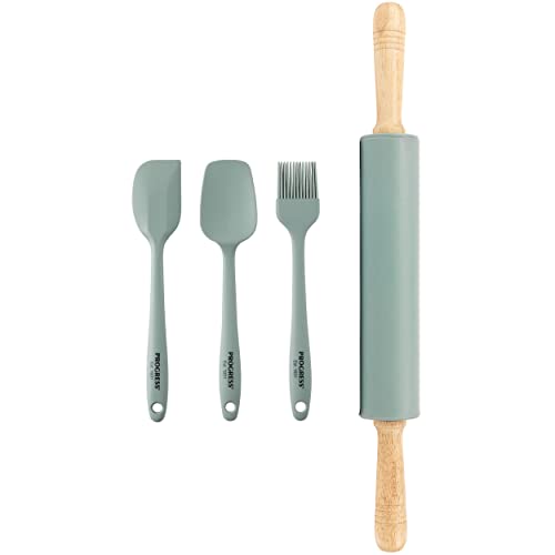 Progress COMBO-8240 4 Piece Silicone Utensil Set - Mini Mixing Spoon & Spatula, Pastry Brush, Rolling Pin, Hanging Hooks, Non-Stick Safe Kitchen Tools For Cooking/Baking, Heat Resistant, Teal Green von PROGRESS