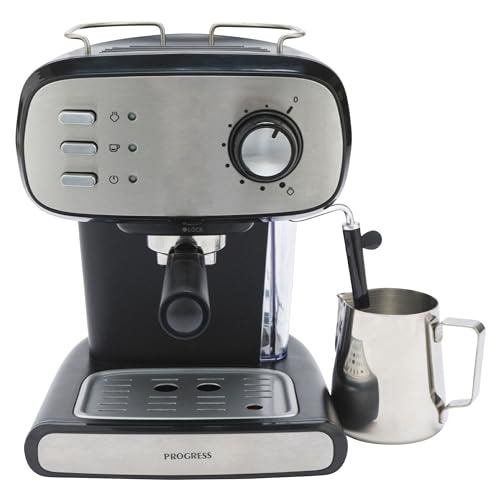 Progress EK4369PACTDIR Espressomaschine – Kaffeemaschine für Cappuccino/Latte, 15-Bar-Druckpumpe, Milchschaumstab, abnehmbare Auffangschale, 2 Tassen, 1,2-l-Tank, Edelstahlfilter, schwarz, EU-Stecker von PROGRESS