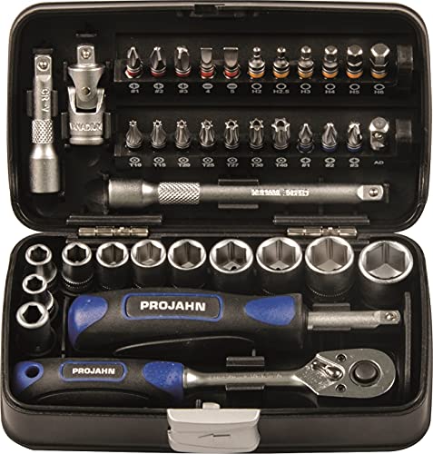 Projahn Mini Steckschlüssel und Bit-Box 38-tlg. (kompaktes Set mit verschiedenen Steckschlüssel, farbcodierten Bits: Schlitz, Kreuzschlitz, Torx, passend für nahezu jede Anwendung, Werkzeugbox) 394072 von Projahn