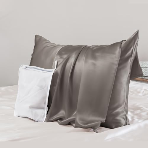 PROMEED Grauer Seidenkissenbezug in Standardgröße – beide Seiten, 23 Momme Klasse 6A + Maulbeerseide-Kissenbezüge für Haar und Haut, weich und aknefrei (Standard 50,8 x 66 cm, Grau) von PROMEED