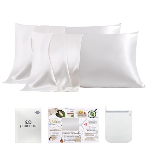 PROMEED Weißer Seidenkissenbezug, 2er-Pack, für Haar und Haut, beide Seiten, 100% Maulbeerseide, 2er-Set, mit verstecktem Reißverschluss, weich und atmungsaktiv (Standard 50,8 x 66 cm, Weiß) von PROMEED