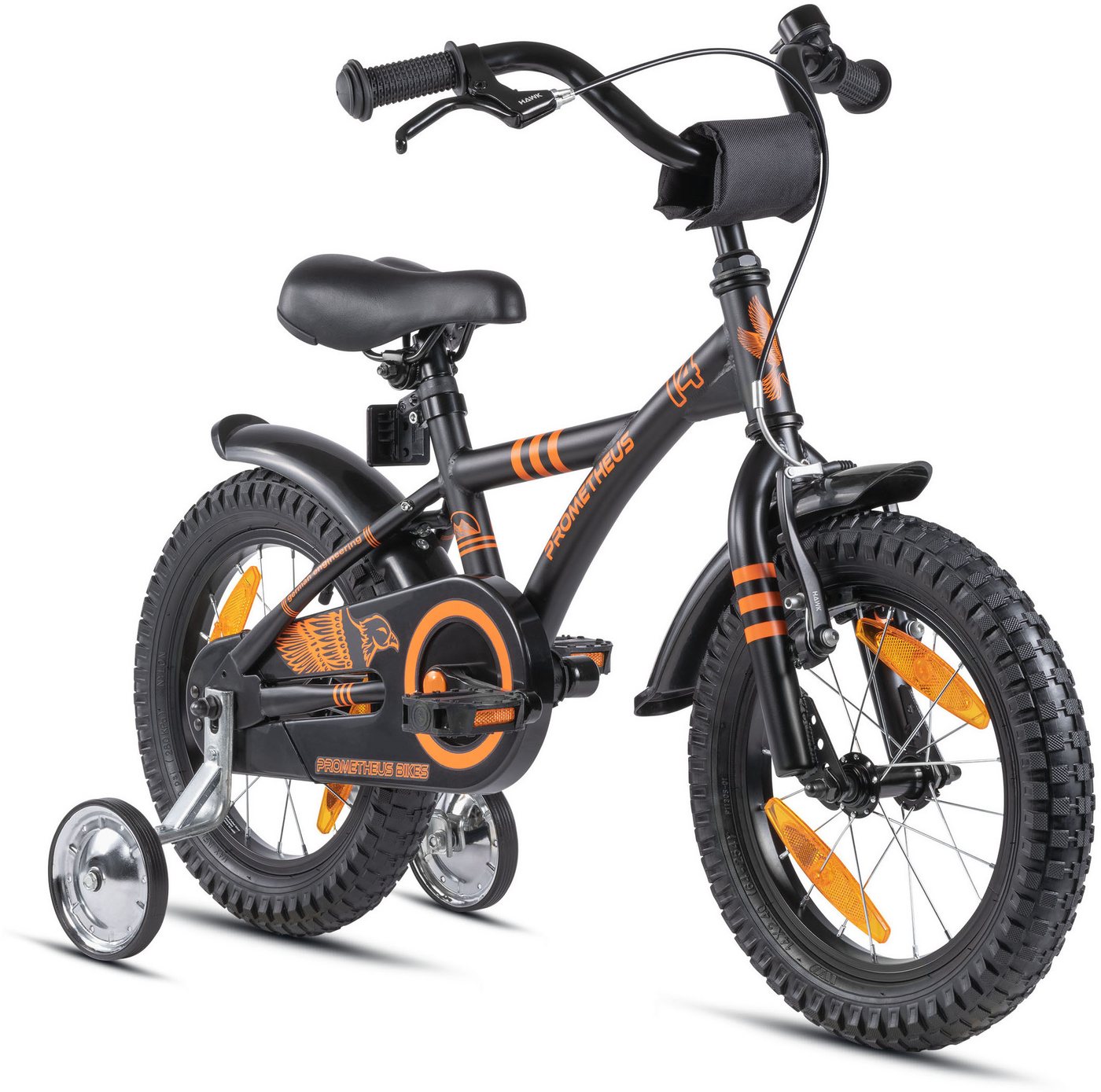 PROMETHEUS BICYCLES Kinderfahrrad HAWK 14 Zoll ab 4 Jahre, 1 Gang, Junge Mädchen Fahrrad Kinder mit Rücktrittbremse Stützräder von PROMETHEUS BICYCLES