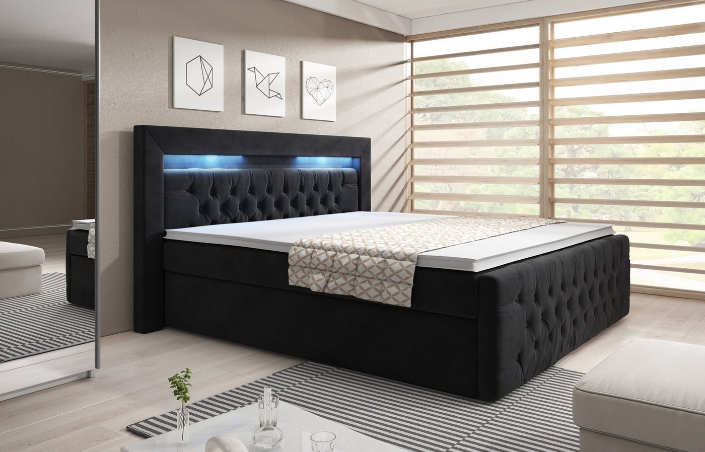 PROMETO Möbel Boxspringbett ASCONA Polsterbett mit LED-Beleuchtung, 2 Bettkästen, 2 Matratzen und Komfortschaum-Topper von PROMETO Möbel