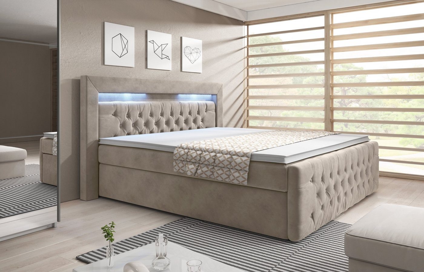 PROMETO Möbel Boxspringbett ASCONA Polsterbett mit LED-Beleuchtung, 2 Bettkästen, 2 Matratzen und Komfortschaum-Topper von PROMETO Möbel