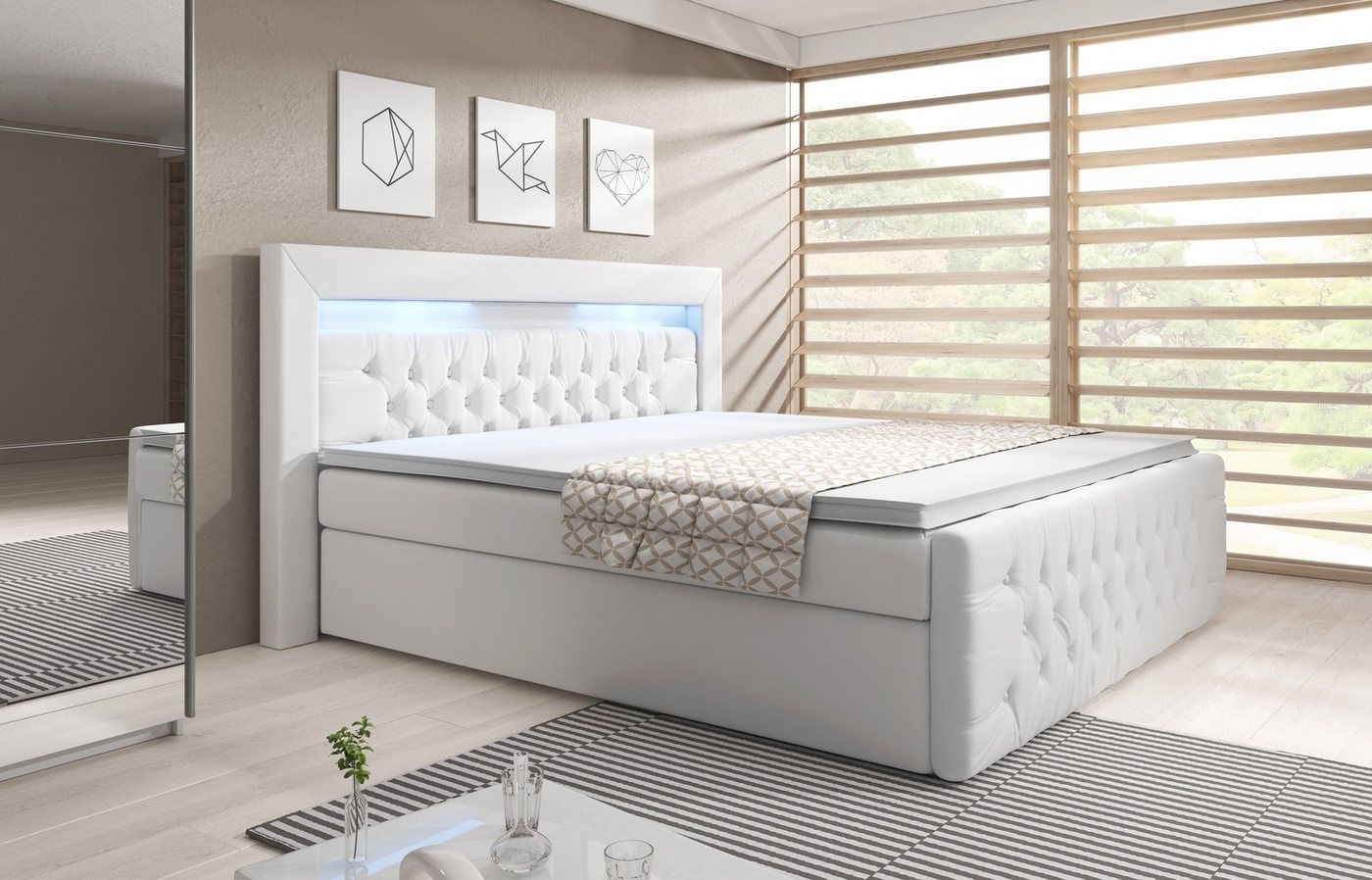 PROMETO Möbel Boxspringbett ASCONA Polsterbett mit LED-Beleuchtung, 2 Bettkästen, 2 Matratzen und Komfortschaum-Topper von PROMETO Möbel