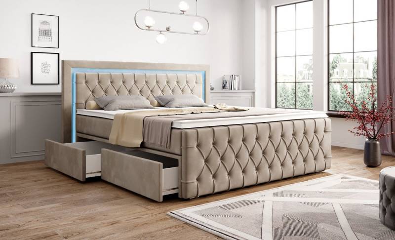 PROMETO Möbel Boxspringbett Arosa - Schubladen, LED 16 Farben, Matratze, Topper, Kopf und Fussteil von PROMETO Möbel
