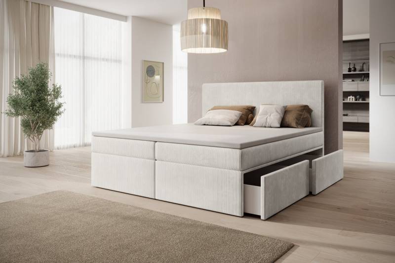 PROMETO Möbel Boxspringbett Doppelbett mit 2 Schubladen, Topper, Kopfteil 180x200cm POSO-Cordstoff, inkl. Taschenfederkern-Matratze (7-Zonen) von PROMETO Möbel
