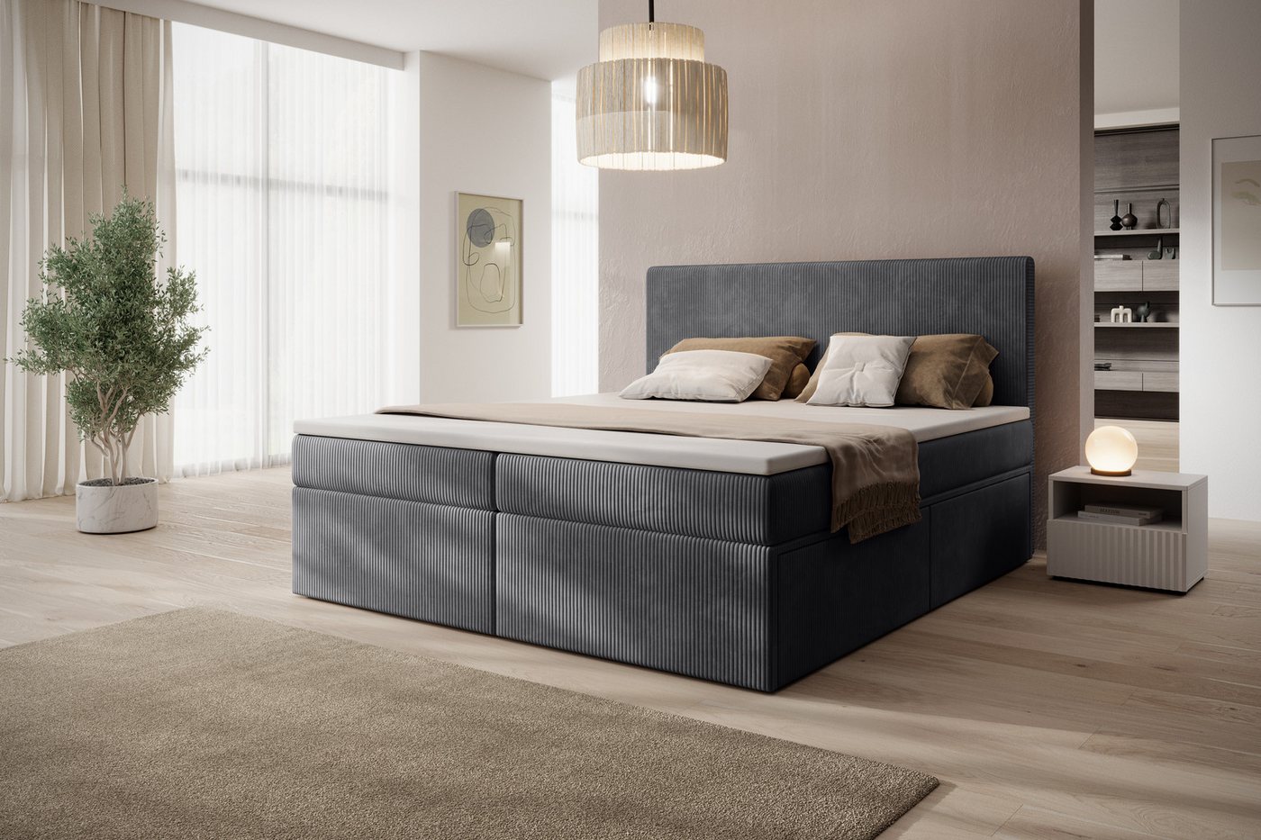 PROMETO Möbel Boxspringbett Doppelbett mit 2 Schubladen, Topper, Kopfteil 180x200cm POSO-Cordstoff, inkl. Taschenfederkern-Matratze (7-Zonen) von PROMETO Möbel