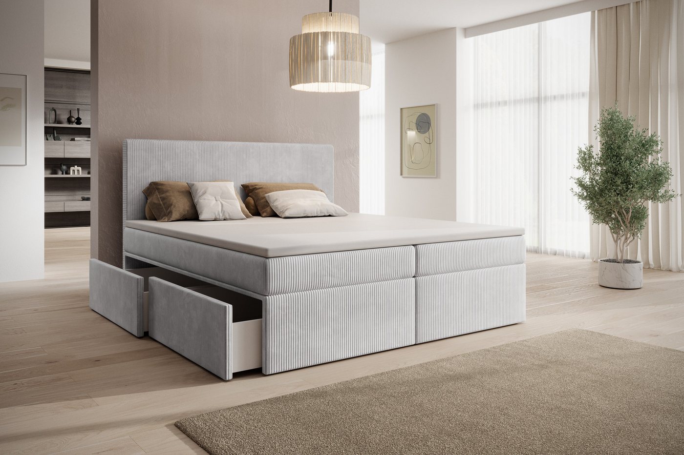 PROMETO Möbel Boxspringbett Doppelbett mit 2 Schubladen, Topper, Kopfteil 180x200cm POSO-Cordstoff, inkl. Taschenfederkern-Matratze (7-Zonen) von PROMETO Möbel