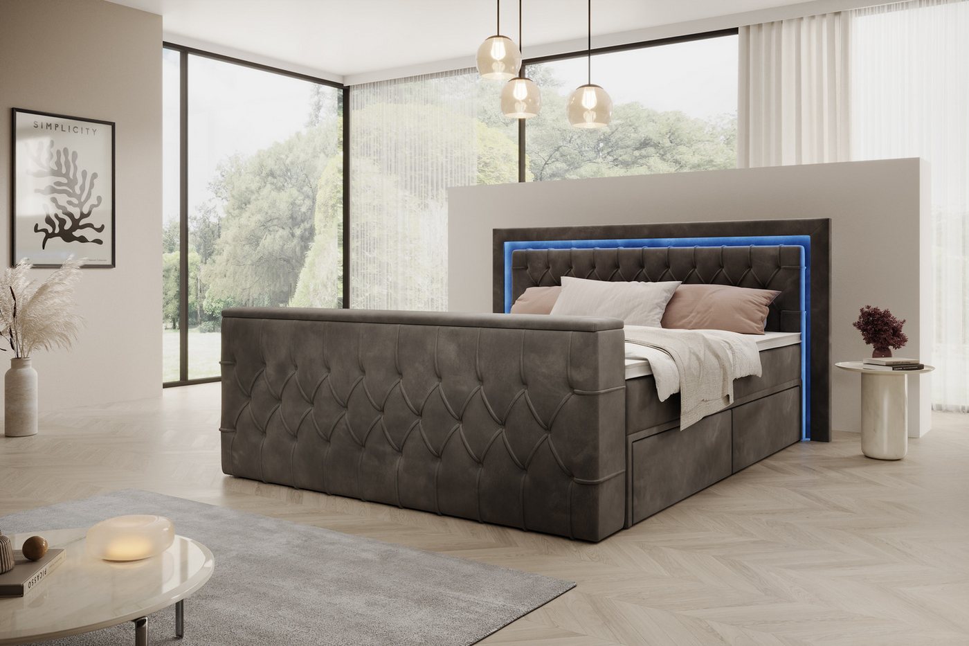 PROMETO Möbel Boxspringbett Doppelbett mit Matratze, Schubladen TV-Lift LED Beleuchtung, inkl. 7-Zonen-Taschenfederkernmatratze, TV-Lift im Fußteil, Topper PROMETO Möbel Boxspringbett Doppelbett mit Matratze, Schubladen TV-Lift LED Beleuchtung, inkl. 7-Zonen-Taschenfederkernmatratze, TV-Lift im Fußteil, Topper von PROMETO Möbel