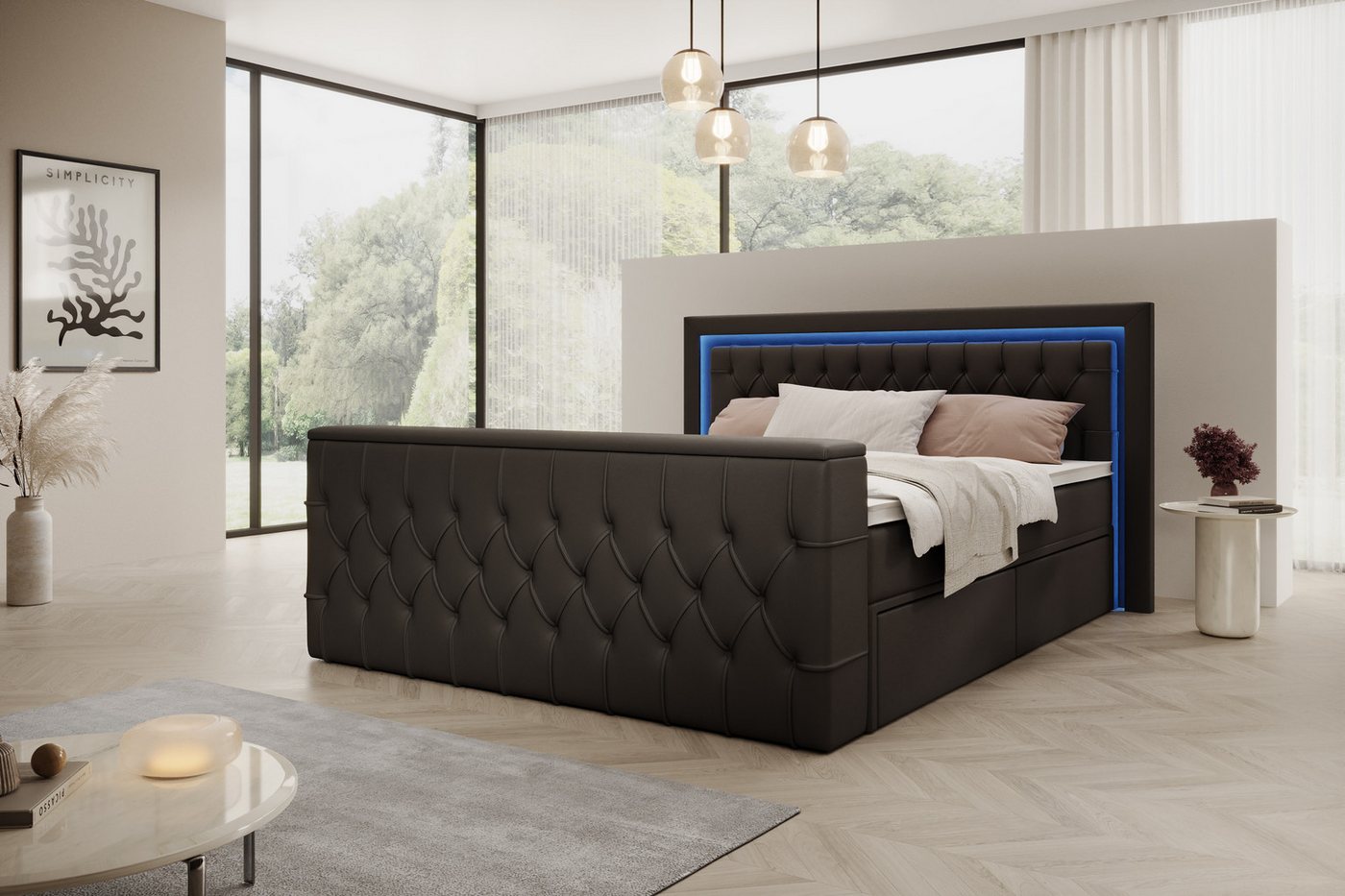 PROMETO Möbel Boxspringbett Doppelbett mit Matratze, Schubladen TV-Lift LED Beleuchtung, inkl. 7-Zonen-Taschenfederkernmatratze, TV-Lift im Fußteil, Topper PROMETO Möbel Boxspringbett Doppelbett mit Matratze, Schubladen TV-Lift LED Beleuchtung, inkl. 7-Zonen-Taschenfederkernmatratze, TV-Lift im Fußteil, Topper von PROMETO Möbel