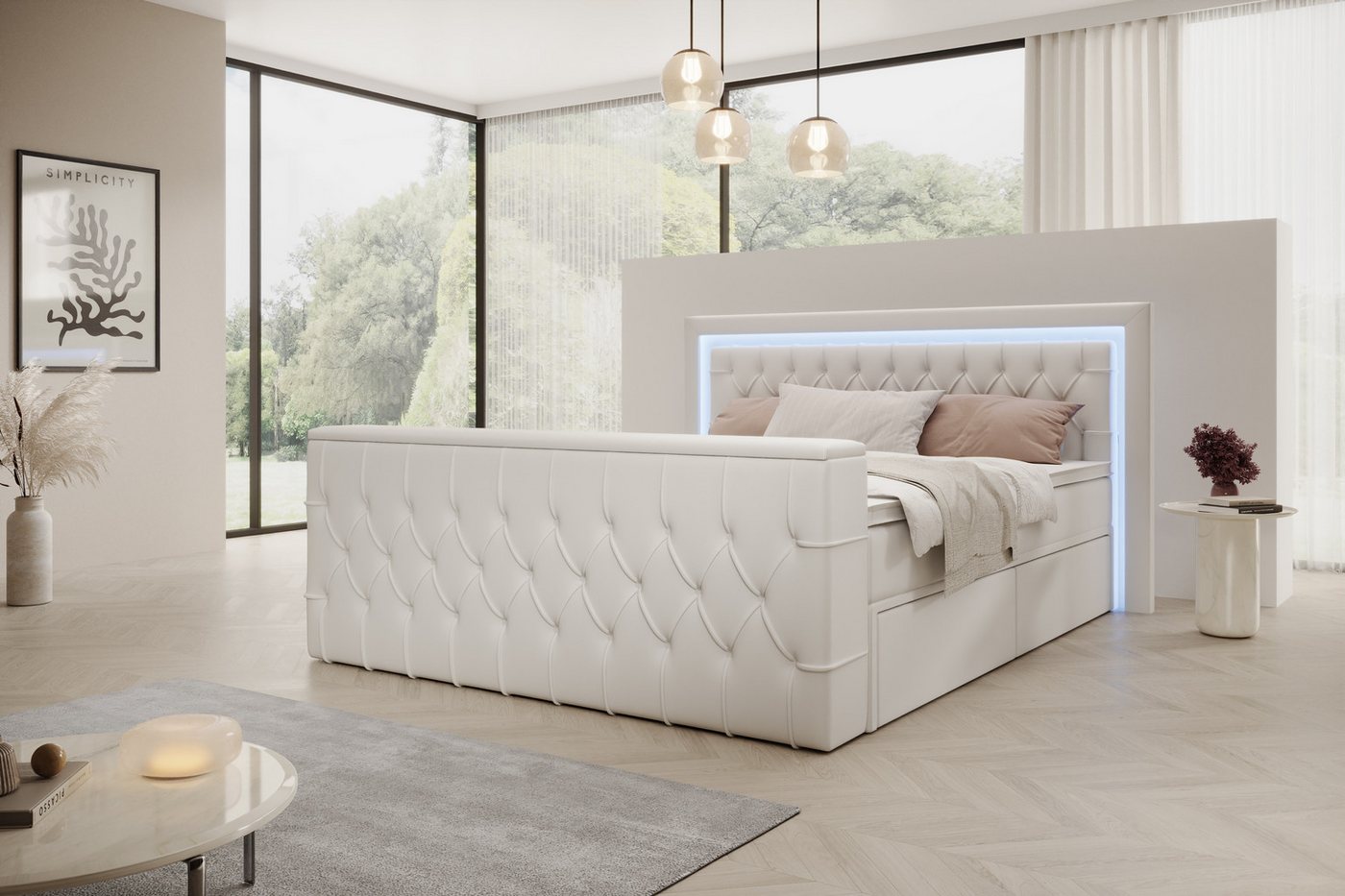 PROMETO Möbel Boxspringbett Doppelbett mit Matratze, Schubladen TV-Lift LED Beleuchtung, inkl. 7-Zonen-Taschenfederkernmatratze, TV-Lift im Fußteil, Topper PROMETO Möbel Boxspringbett Doppelbett mit Matratze, Schubladen TV-Lift LED Beleuchtung, inkl. 7-Zonen-Taschenfederkernmatratze, TV-Lift im Fußteil, Topper von PROMETO Möbel
