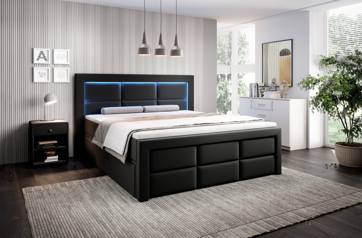 PROMETO Möbel Boxspringbett Schlafbett mit 2 Schubladen Bettkasten 180x200cm LED Beleuchtung (2 Schubladen, Taschenfederkernmatratze 7 Zonen, Topper) von PROMETO Möbel