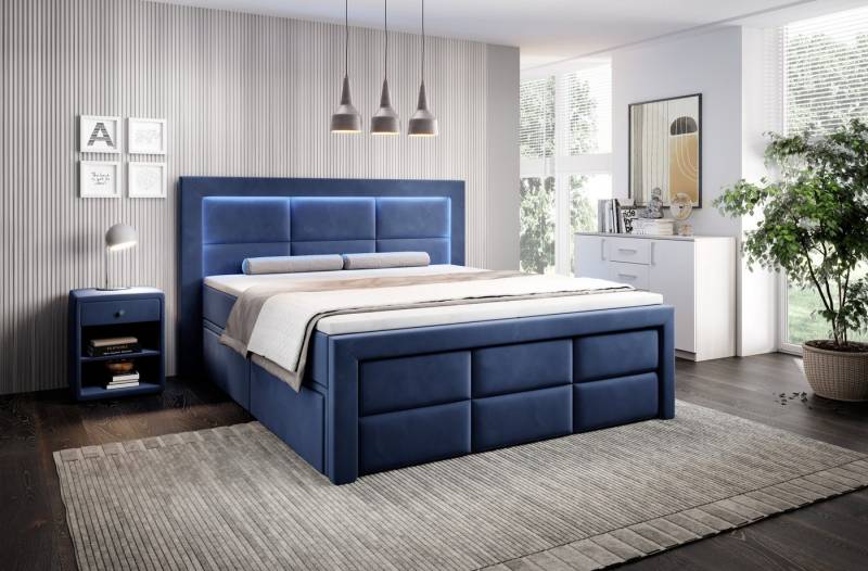 PROMETO Möbel Boxspringbett Schlafbett mit 2 Schubladen Bettkasten 180x200cm LED Beleuchtung (2 Schubladen, Taschenfederkernmatratze 7 Zonen, Topper) von PROMETO Möbel