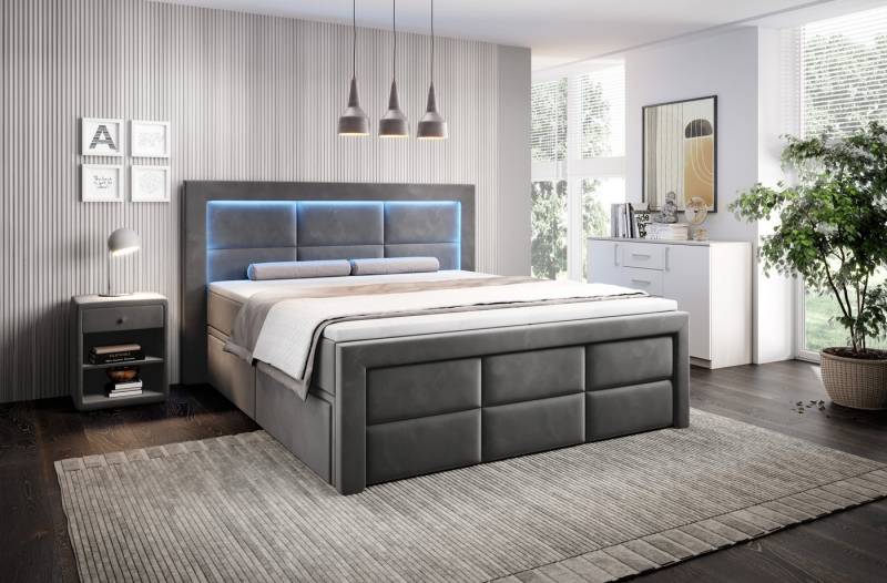 PROMETO Möbel Boxspringbett Schlafbett mit 2 Schubladen Bettkasten 180x200cm LED Beleuchtung (2 Schubladen, Taschenfederkernmatratze 7 Zonen, Topper) von PROMETO Möbel