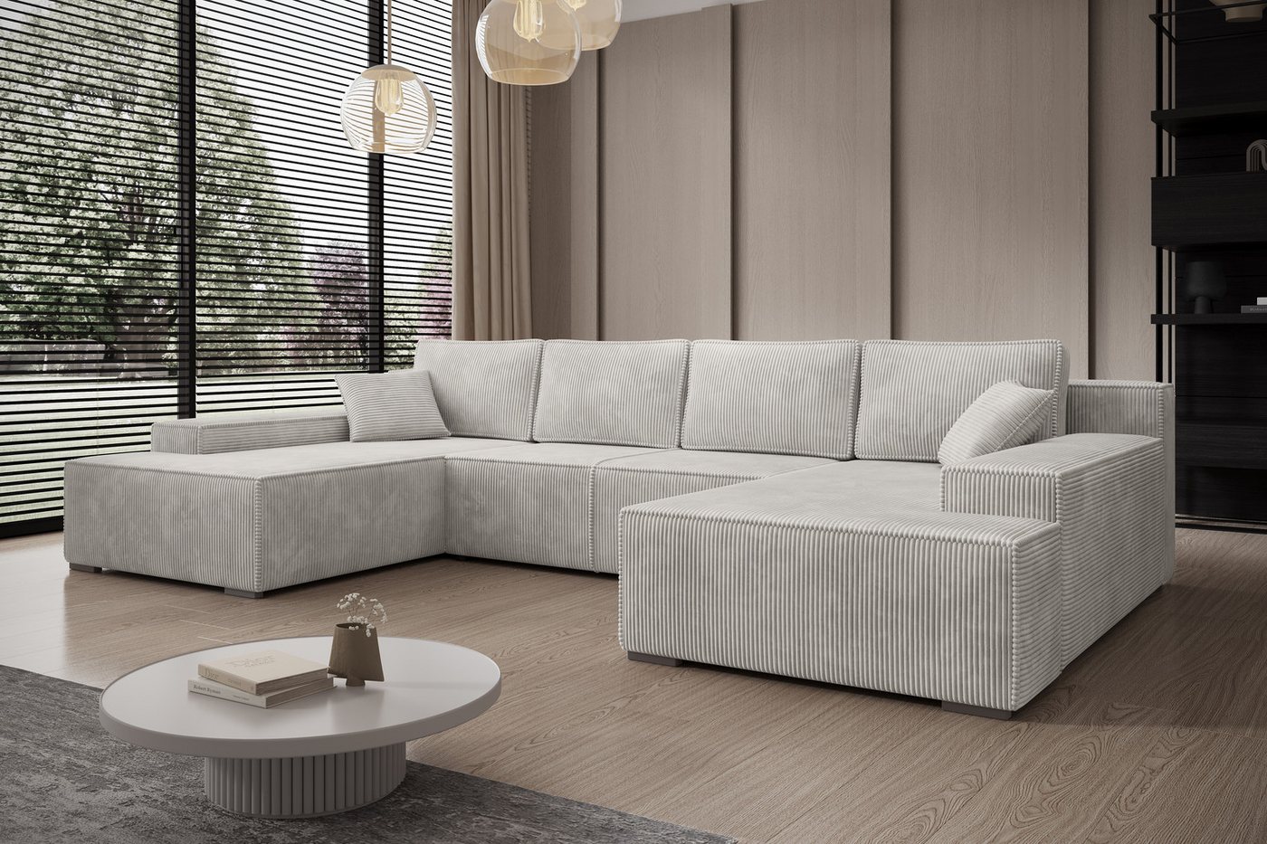 PROMETO Möbel Ecksofa Ecksofa Couch U-Form mit Schlaffunktion, POSO-Stoff Cordstoff Milo von PROMETO Möbel