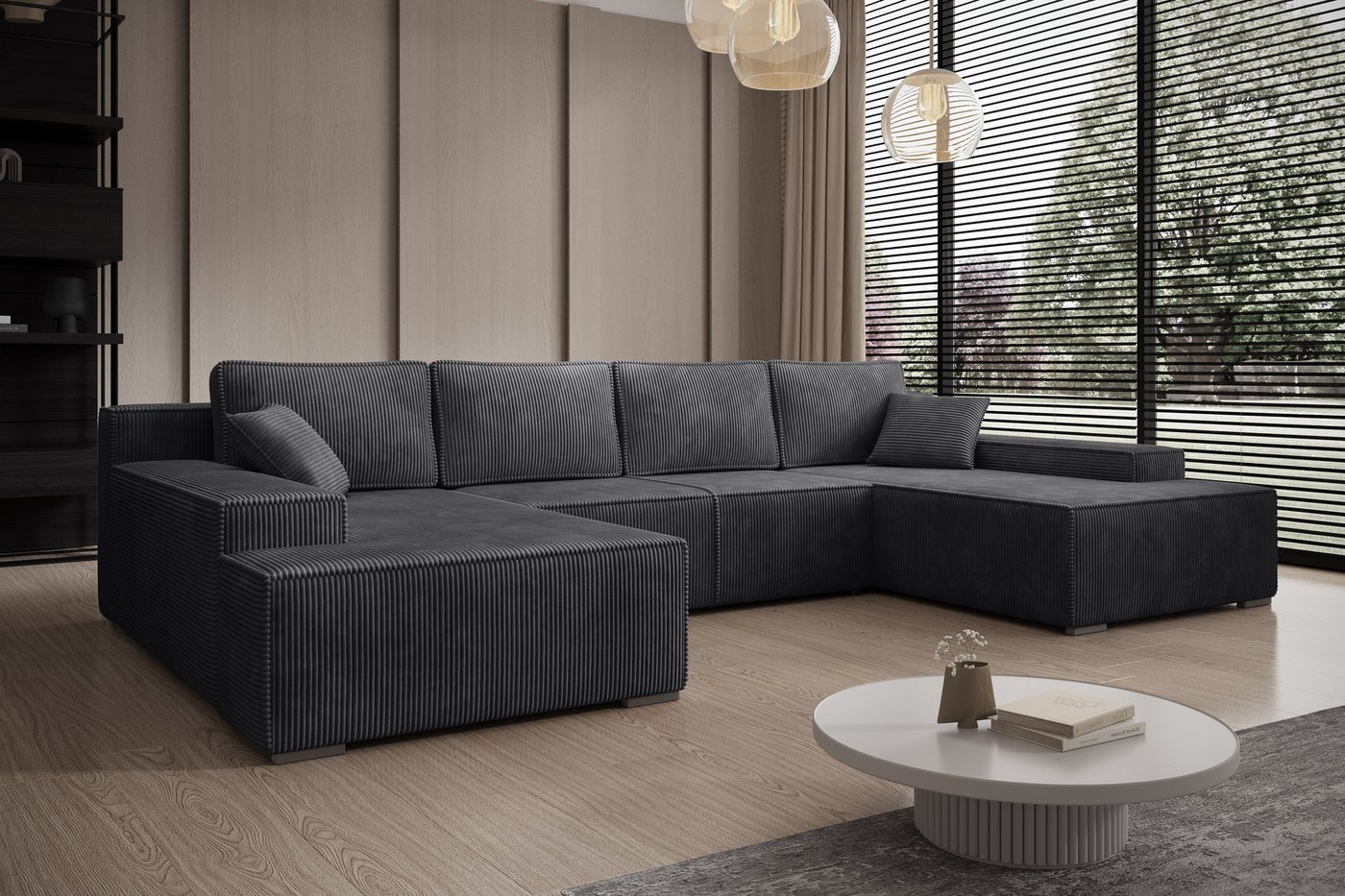 PROMETO Möbel Ecksofa Ecksofa Couch U-Form mit Schlaffunktion, POSO-Stoff Cordstoff Milo von PROMETO Möbel