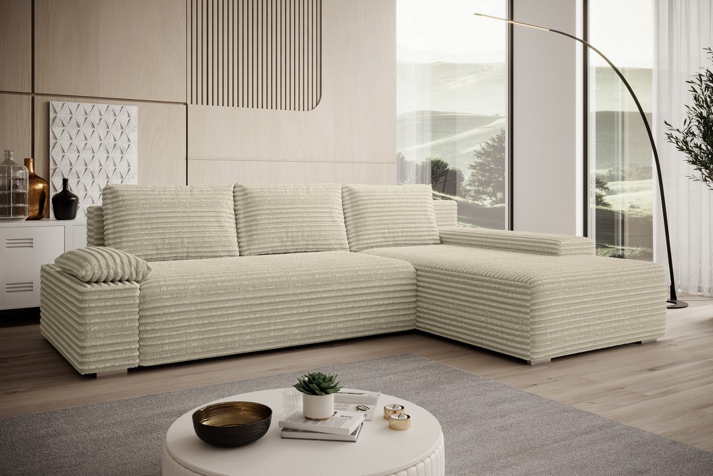 PROMETO Möbel Ecksofa Ecksofa LINEA mit Schlaffunktion und Bettkasten in Beige und Grau von PROMETO Möbel