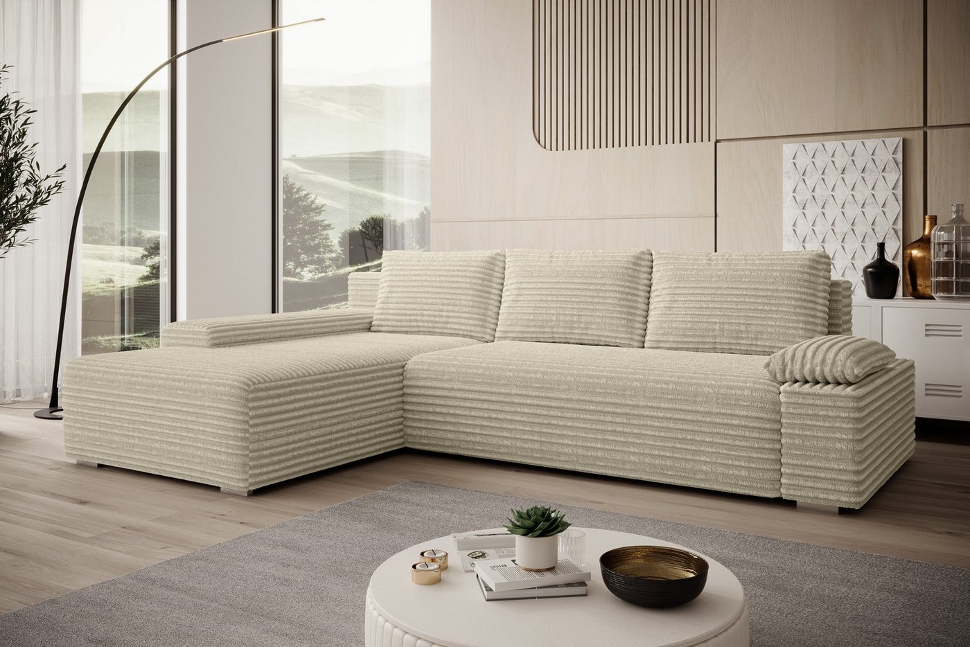 PROMETO Möbel Ecksofa Ecksofa LINEA mit Schlaffunktion und Bettkasten in Beige und Grau von PROMETO Möbel