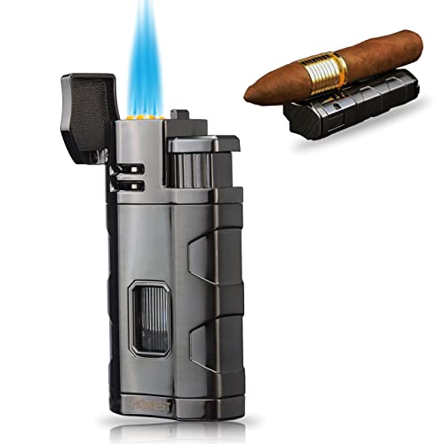 PROMISE Sturmfeuerzeug Winddichte Triple Jet Flame Butan Nachfüllbares Gasfeuerzeug mit Zigarrenpunsch Geschenkidee Vater-Geschenk(Rotguss-D) von PROMISE