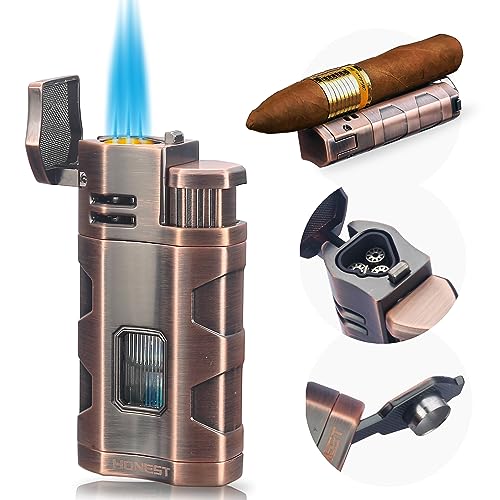 PROMISE Sturmfeuerzeug Winddichte Triple Jet Flame Butan Nachfüllbares Gasfeuerzeug mit Zigarrenpunsch Geschenkidee(Rotes Kupfer-D) von PROMISE