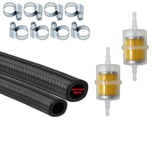 PROMOLINK Benzin Diesel Kraftstoff Schlauch 6mm 8mm Mit 2 Benzinfilter und 8 Schlauchschellen Kraftstoffschlauch Kit Mit Textilumflechtung (8mm / 2 Meter) von PROMOLINK