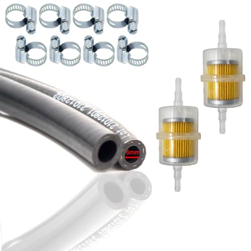 PROMOLINK Kraftstoffschlauch Set 6 oder 8 mm mit 8 Schlauchschellen und 2 Benzinfiltern für Benzin Öl Diesel (6mm / 5 Meter) von PROMOLINK