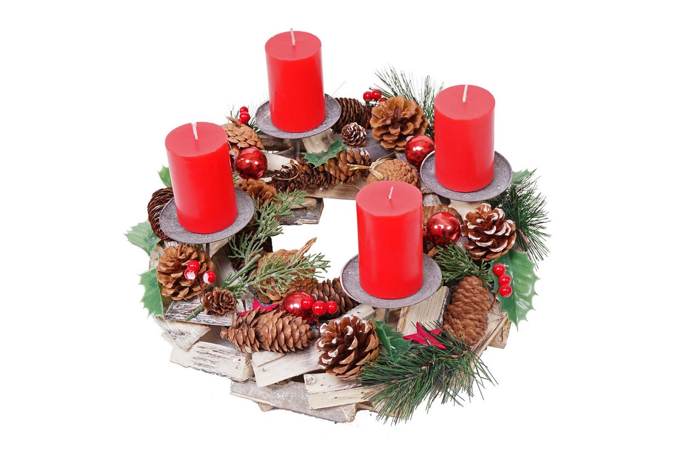 PROREGAL® Adventskranz Adventskranz 12x33x33cm Holz rund Durchmesser 33cm inkl. 4x Kerzen rot von PROREGAL®