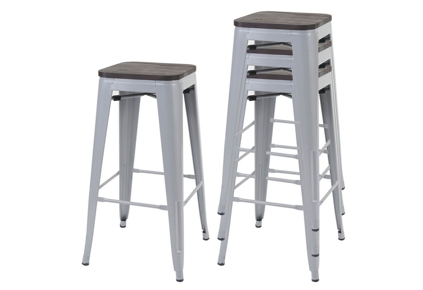 PROREGAL® Barhocker 4x Barhocker mit Holz-Sitzfläche Sitzhöhe 76cm Metall stapelbar Grau von PROREGAL®