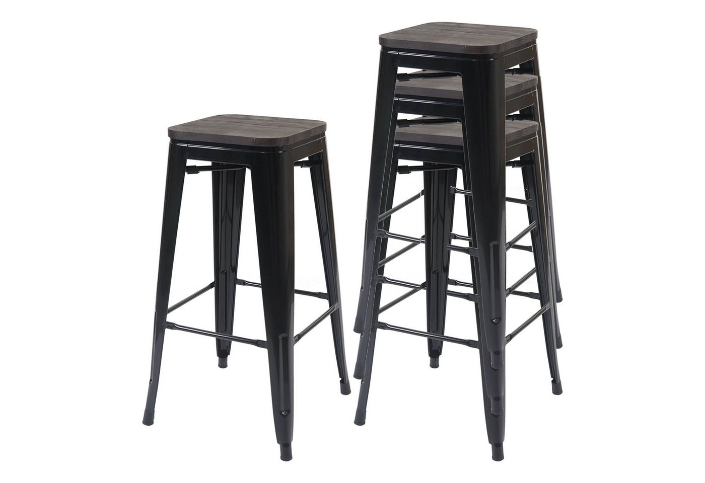 PROREGAL® Barhocker 4xBarhocker mit Holz-Sitzfläche Sitzhöhe 76cm Metall stapelbar Schwarz von PROREGAL®