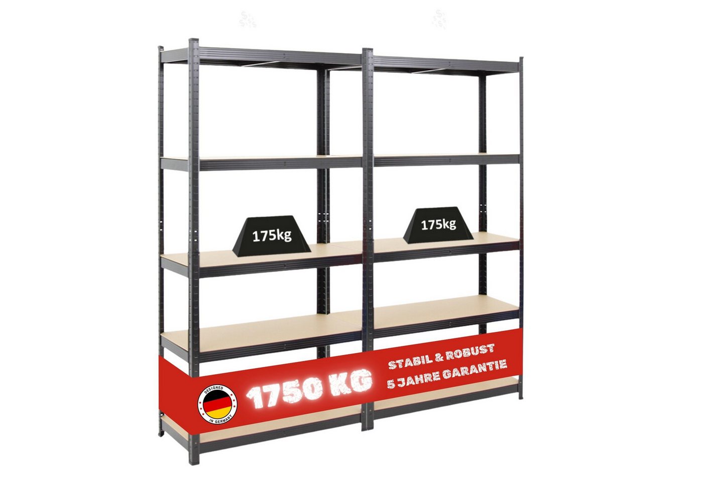 PROREGAL® Schwerlastregal Mega Deal 2x Kellerregal GORILLA 180x90x40cm Fachlast 175kg Schwarz, Spar-Set, Mega Deal, 2er-Set, 3er-Set, 4er-Set, 5er-Set, Traglast von 175 kg pro Ebene bzw. Gesamttraglast von 875kg je Regal von PROREGAL®
