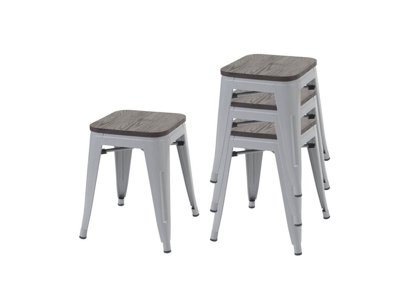 PROREGAL® Sitzhocker 4x Hocker mit Holz-Sitzfläche Metall Industriedesign stapelbar Grau von PROREGAL®