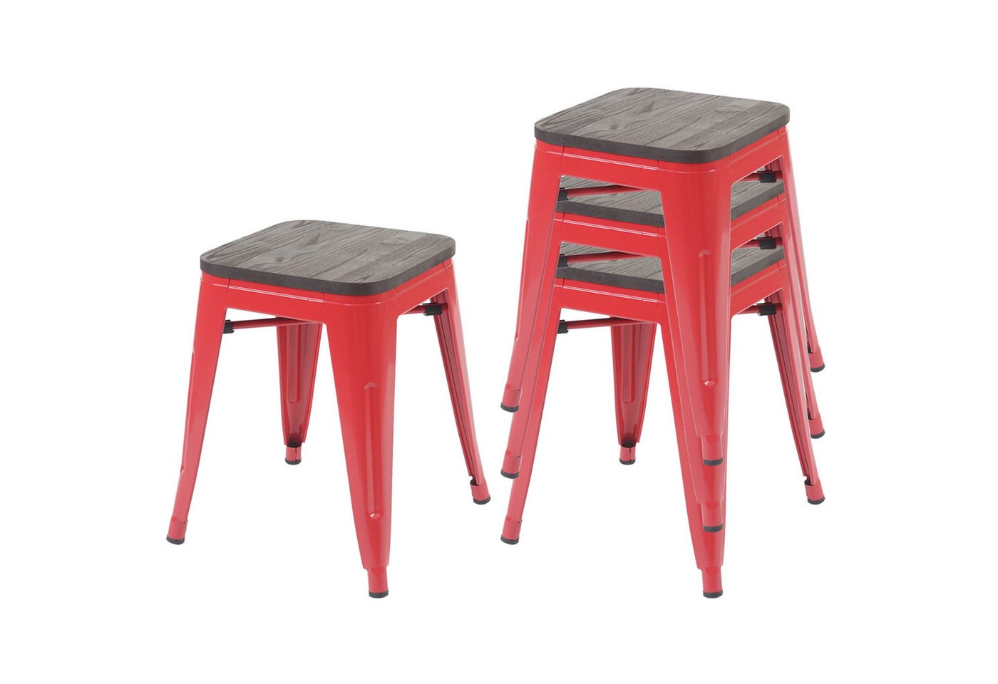 PROREGAL® Sitzhocker 4x Hocker mit Holz-Sitzfläche Metall Industriedesign stapelbar Rot von PROREGAL®