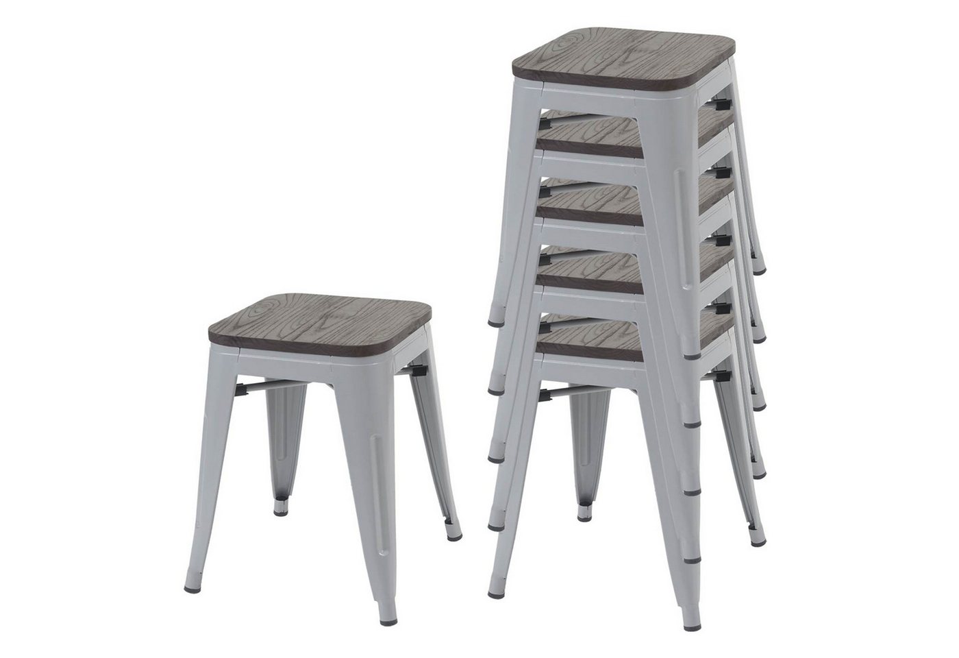 PROREGAL® Sitzhocker 6x Hocker mit Holz-Sitzfläche Metall Industriedesign stapelbar Grau von PROREGAL®