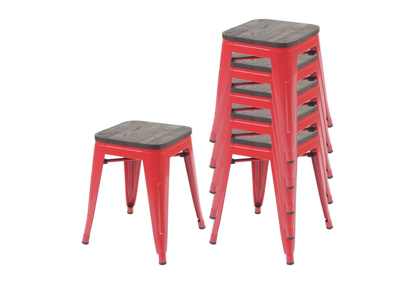 PROREGAL® Sitzhocker 6x Hocker mit Holz-Sitzfläche Metall Industriedesign stapelbar Rot von PROREGAL®