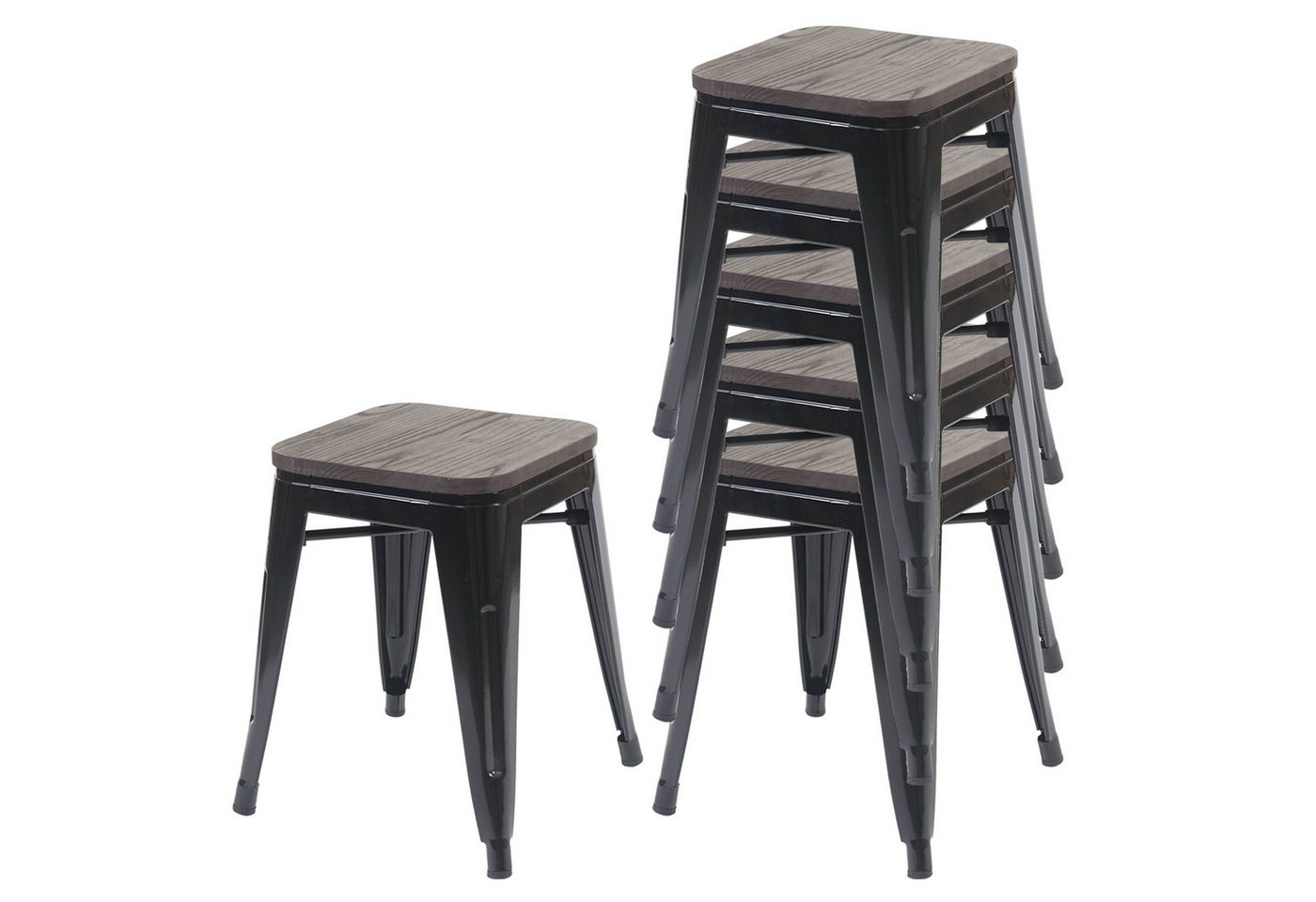 PROREGAL® Sitzhocker 6x Hocker mit Holz-Sitzfläche Metall Industriedesign stapelbar Schwarz von PROREGAL®