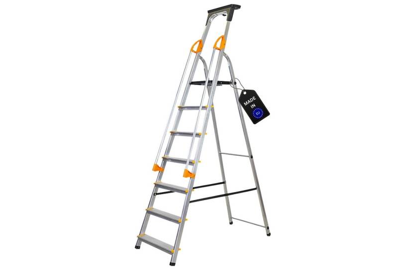 PROREGAL® Stehleiter Stufenstehleiter ATLAS mit Werkzeugablage & Handlauf, 7 Stufen von PROREGAL®