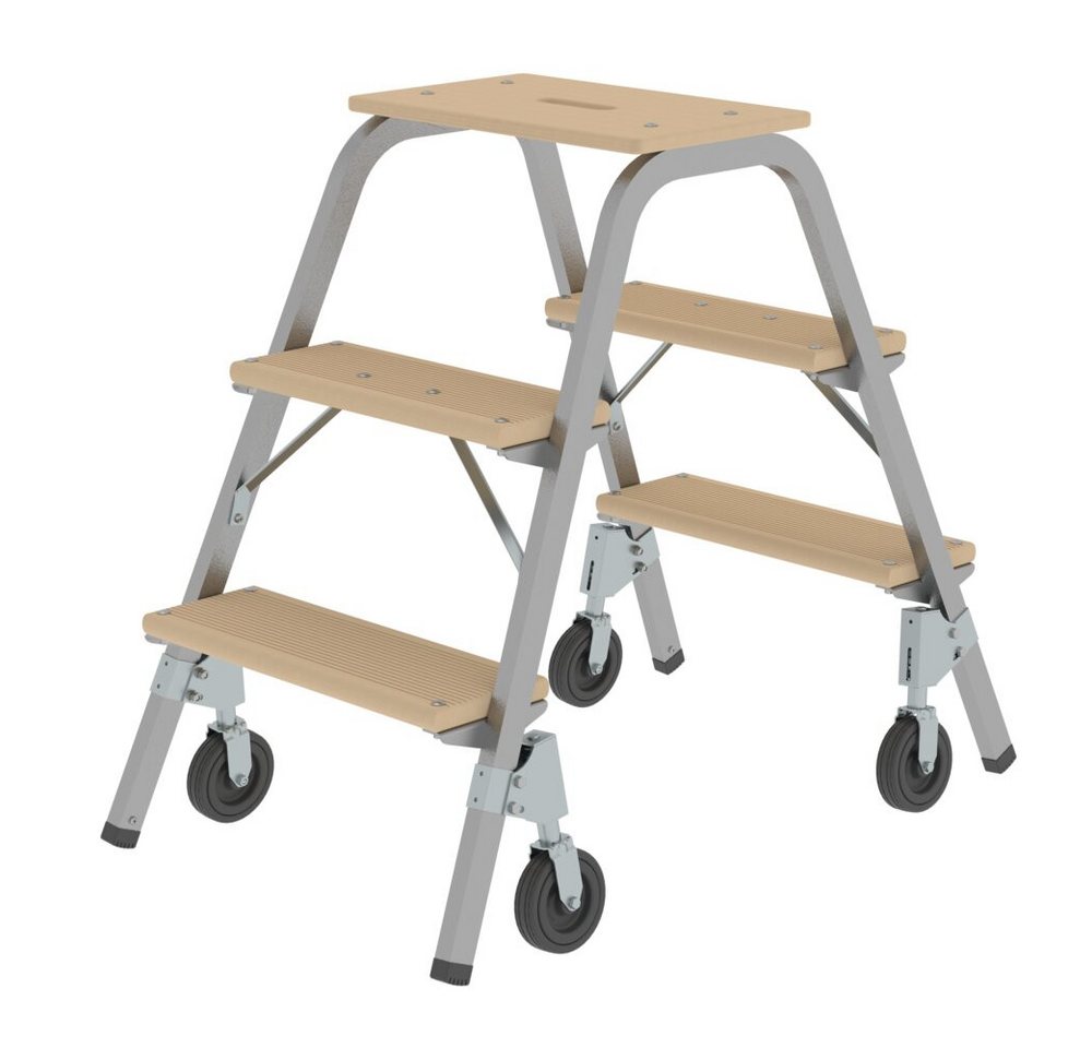 PROREGAL® Trittleiter Stahl-Holz-Tritt mit/ohne Rollen aus Stahl mit Holz-Stufen von PROREGAL®