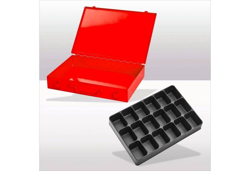 PROREGAL® Werkzeugkoffer Stahlblechkästen mit Spannverschluss 18 Fächer, HxBxT 5x33x23cm, Rot von PROREGAL®