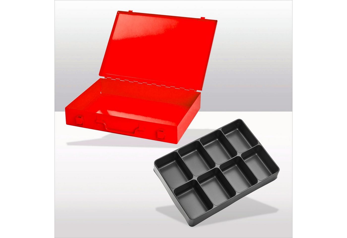 PROREGAL® Werkzeugkoffer Stahlblechkästen mit Spannverschluss 8 Fächer, HxBxT 5x33x23cm, Rot von PROREGAL®