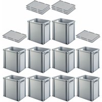 SuperSparSet 10x Eurobehälter mit offenem Griff & Auflagedeckel HxBxT 40x30x40cm 37 Liter Grau Eurobox, Transportbox, Transportbehälter, von PROREGAL - AUFBEWAHRUNG FÜR PROFIS