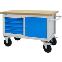 Mobile Werkbank Rhino mit 4 Schubladen + Tür HxBxT 83x130x60cm Traglast 500kg Lichtgrau/Lichtblau - Hellgrau von PROREGAL - BETRIEBSAUSSTATTUNG ZUM FAIREN PREIS