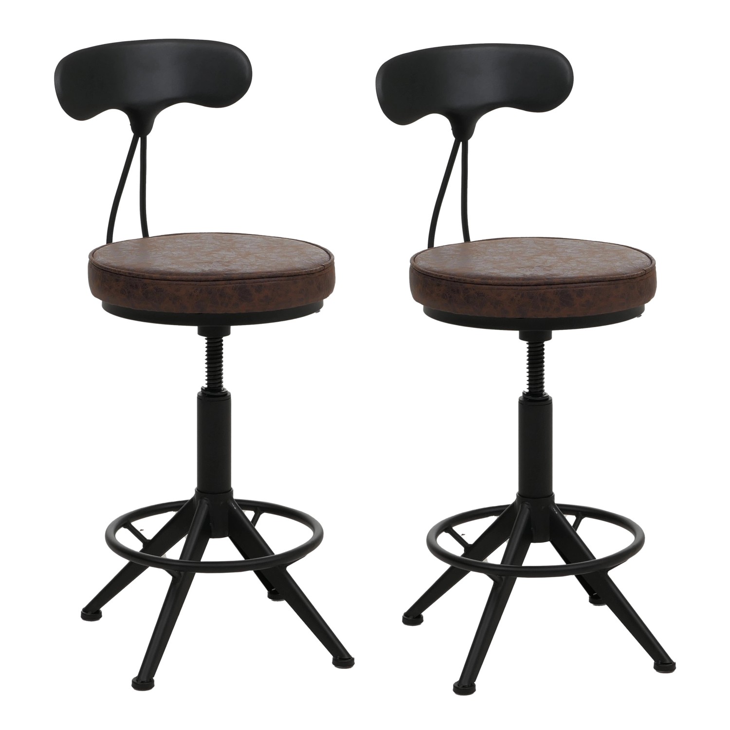 PROREGAL 2er-Set Barhocker Mit Lehne Sitzhöhe 51-73cm Kunstleder Metall Braun-Schwarz Barstuhl Drehhocker Industrial Höhenverstellbar von PROREGAL