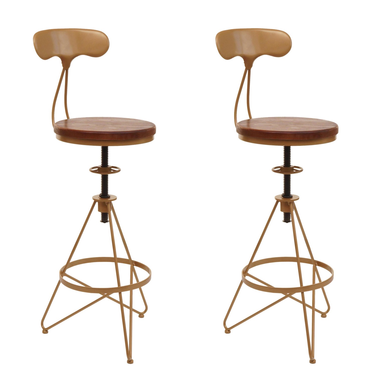 PROREGAL 2er-Set Barhocker Mit Lehne Sitzhöhe 64-83cm Höhenverstellbar Drehbar Fußablage Industrial Metall Holz Braun Gestell Gold Barstuhl von PROREGAL