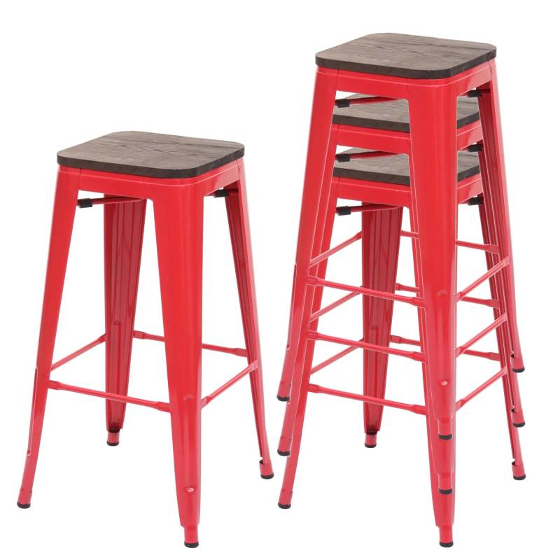 PROREGAL 4er-Set Barhocker Inkl. Holz-Sitzfläche Sitzhöhe 76cm Metall Industriedesign Stapelbar Rot Barstuhl Tresenhocker von PROREGAL