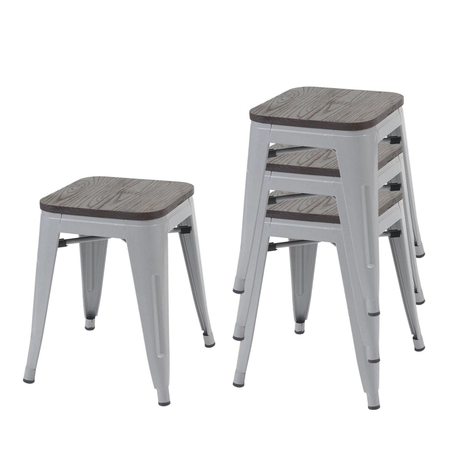 PROREGAL 4er-Set Hocker Inkl. Holz-Sitzfläche Metall Industriedesign Stapelbar Grau Metallhocker Sitzhocker von PROREGAL