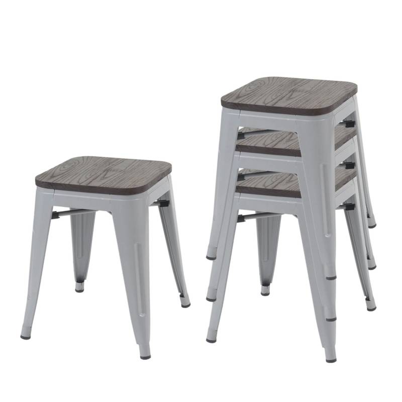 PROREGAL 4er-Set Hocker Inkl. Holz-Sitzfläche Metall Industriedesign Stapelbar Grau Metallhocker Sitzhocker von PROREGAL